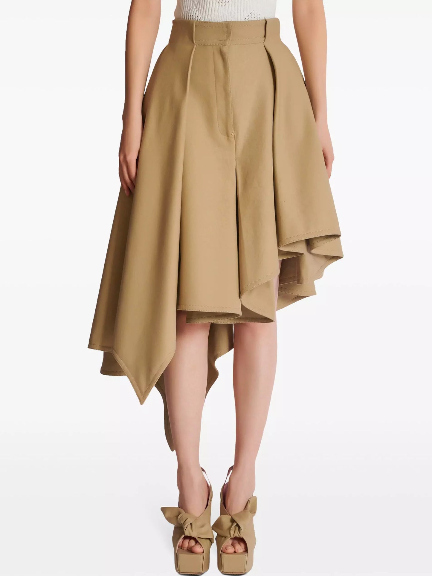 Asymmetrical Pleated Flared Skirt in Beige - Skirts