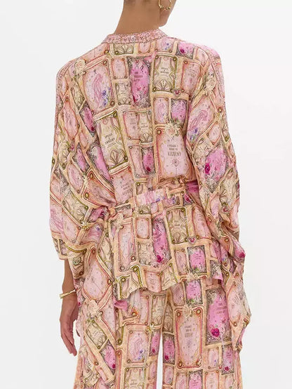 Asymmetrical Printed Silk Blouse and Pant Set - Suits & Sets