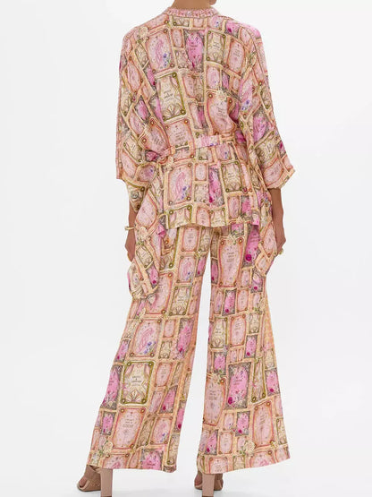 Asymmetrical Printed Silk Blouse and Pant Set - Suits & Sets