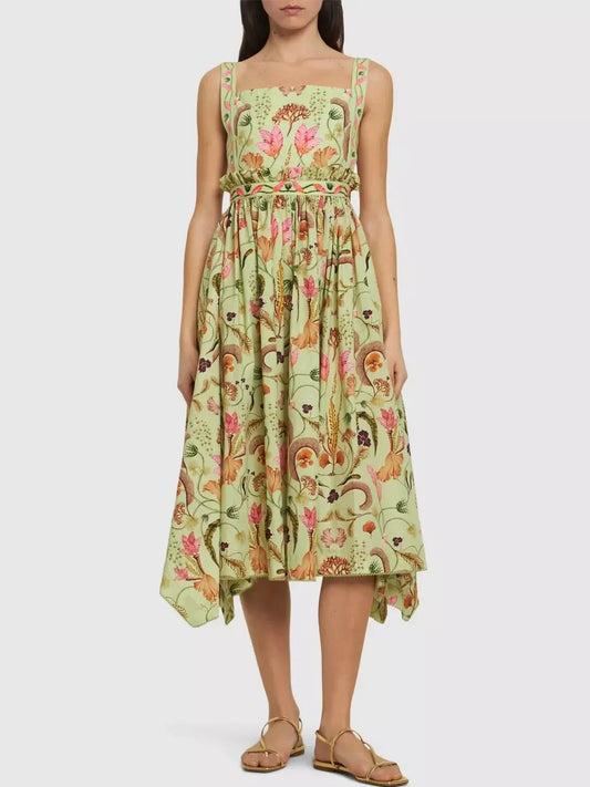 Asymmetrical Printed Sun Dress with Waist Embroidery - Dresses
