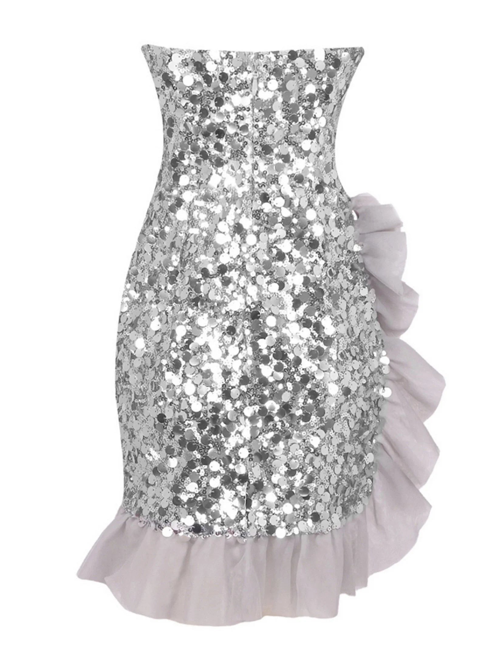 Asymmetrical Ruffle Mesh Trim Silver Sequin Mini Dress - Dresses