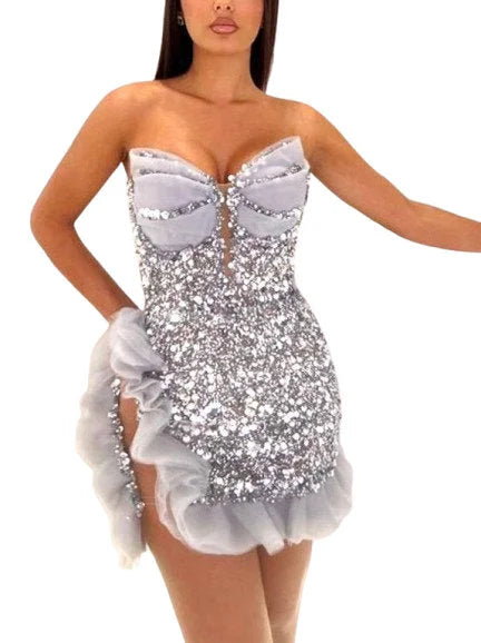 Asymmetrical Ruffle Mesh Trim Silver Sequin Mini Dress - Dresses