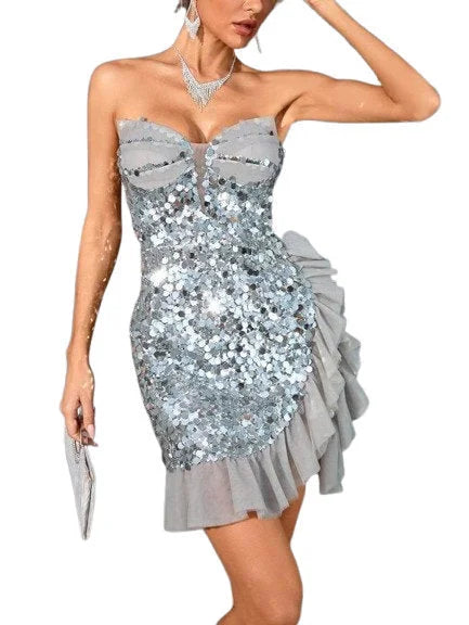 Asymmetrical Ruffle Mesh Trim Silver Sequin Mini Dress - Dresses