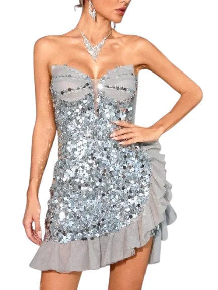 Asymmetrical Ruffle Mesh Trim Silver Sequin Mini Dress - Small - Dresses