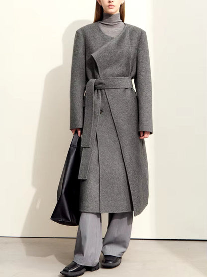 Asymmetrical Scarf Collar Belted Wool and Silk Coat - Coats