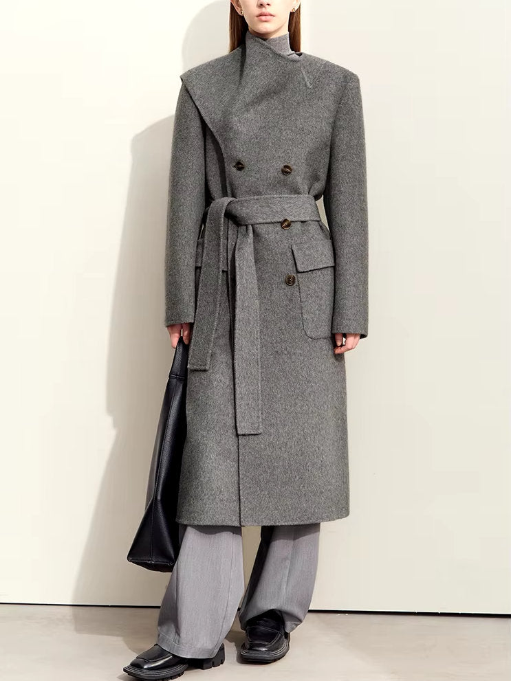 Asymmetrical Scarf Collar Belted Wool and Silk Coat - Coats