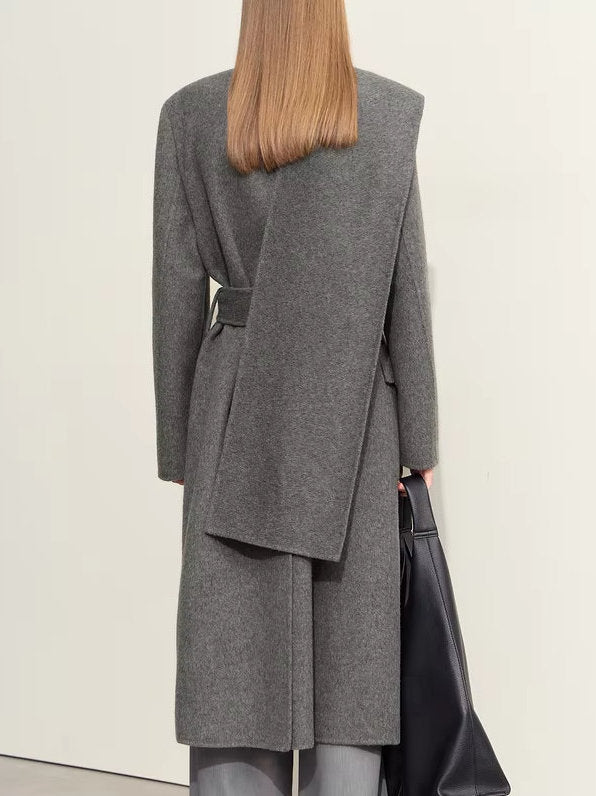 Asymmetrical Scarf Collar Belted Wool and Silk Coat - Coats