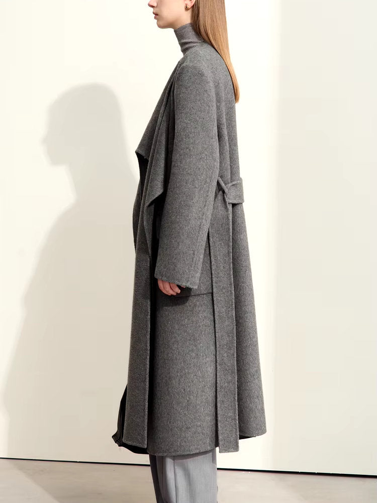 Asymmetrical Scarf Collar Belted Wool and Silk Coat - Coats