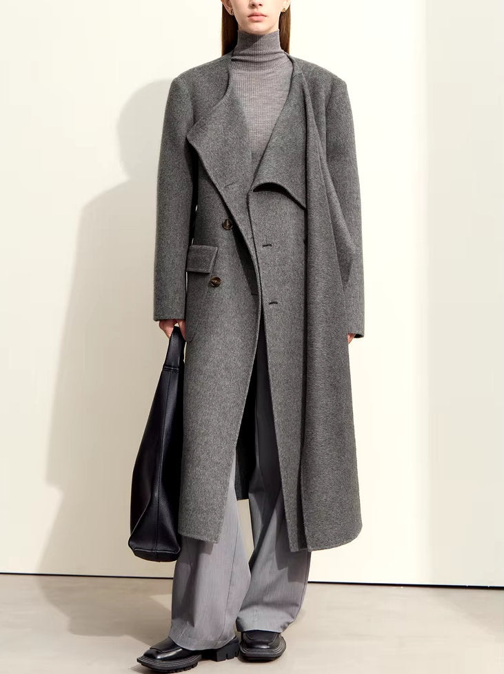 Asymmetrical Scarf Collar Belted Wool and Silk Coat - Coats