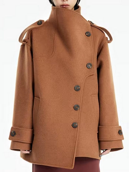 Asymmetrical Short Peacoat with High Collar - Coats