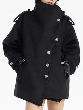 Asymmetrical Short Peacoat with High Collar - Coats