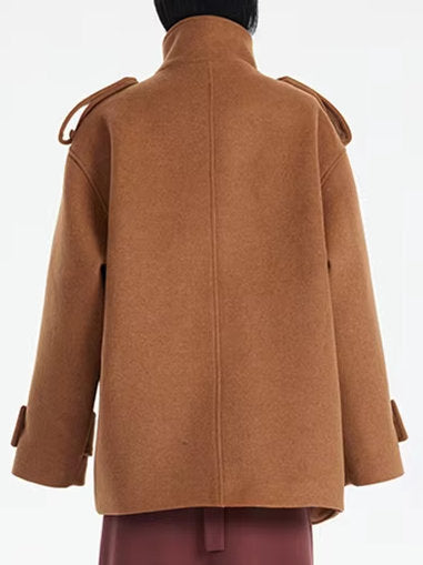 Asymmetrical Short Peacoat with High Collar - Coats