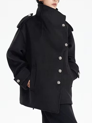 Asymmetrical Short Peacoat with High Collar - Coats