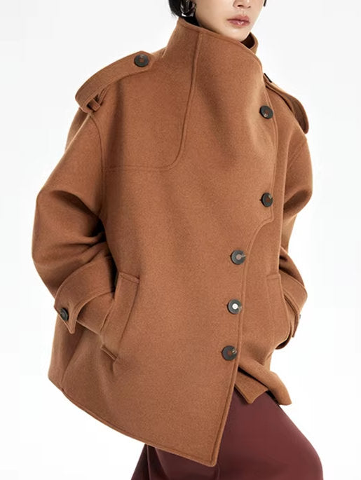 Asymmetrical Short Peacoat with High Collar - Coats