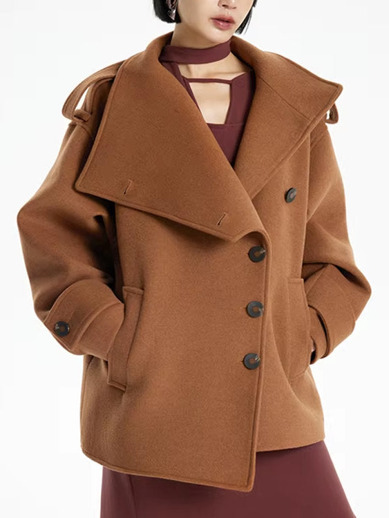 Asymmetrical Short Peacoat with High Collar - Coats