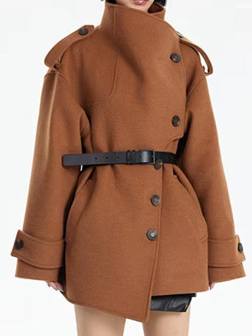 Asymmetrical Short Peacoat with High Collar - Coats