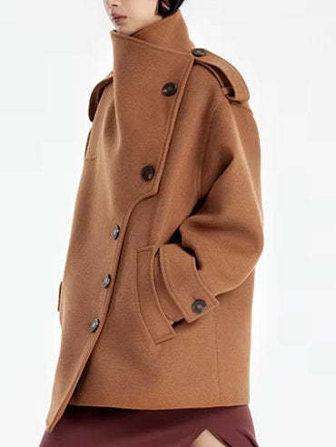 Asymmetrical Short Peacoat with High Collar - Coats