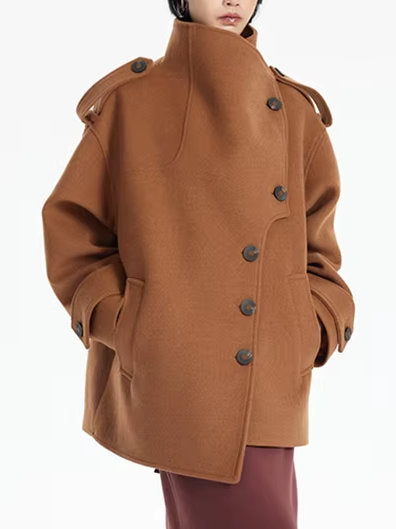 Asymmetrical Short Peacoat with High Collar - Coats