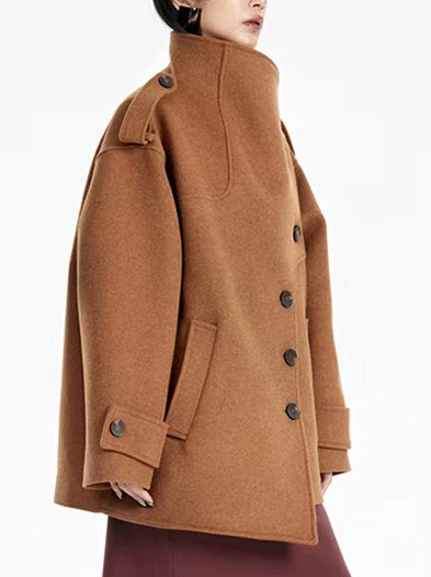 Asymmetrical Short Peacoat with High Collar - Coats