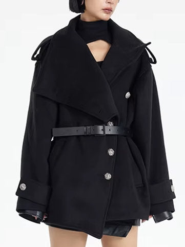 Asymmetrical Short Peacoat with High Collar - Coats