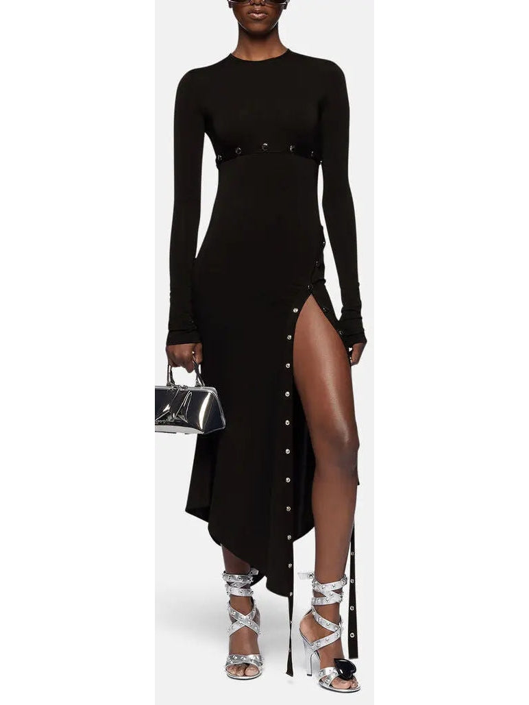 Asymmetrical Snap-Button Black Midi Dress - Dresses