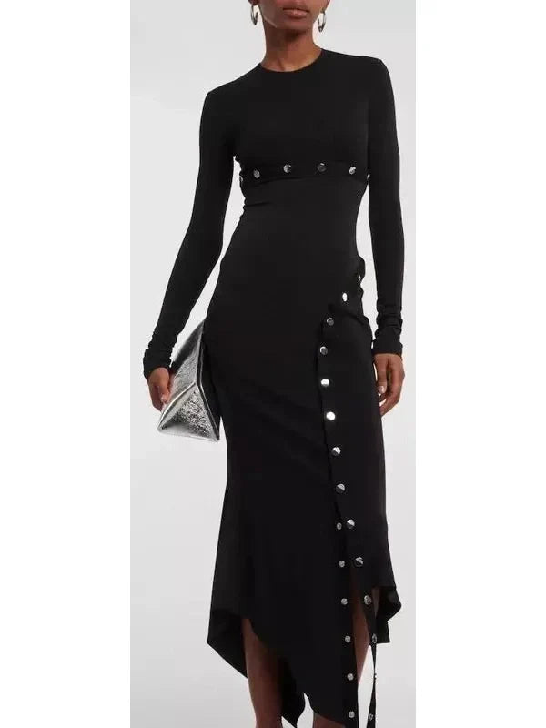 Asymmetrical Snap-Button Black Midi Dress - Dresses