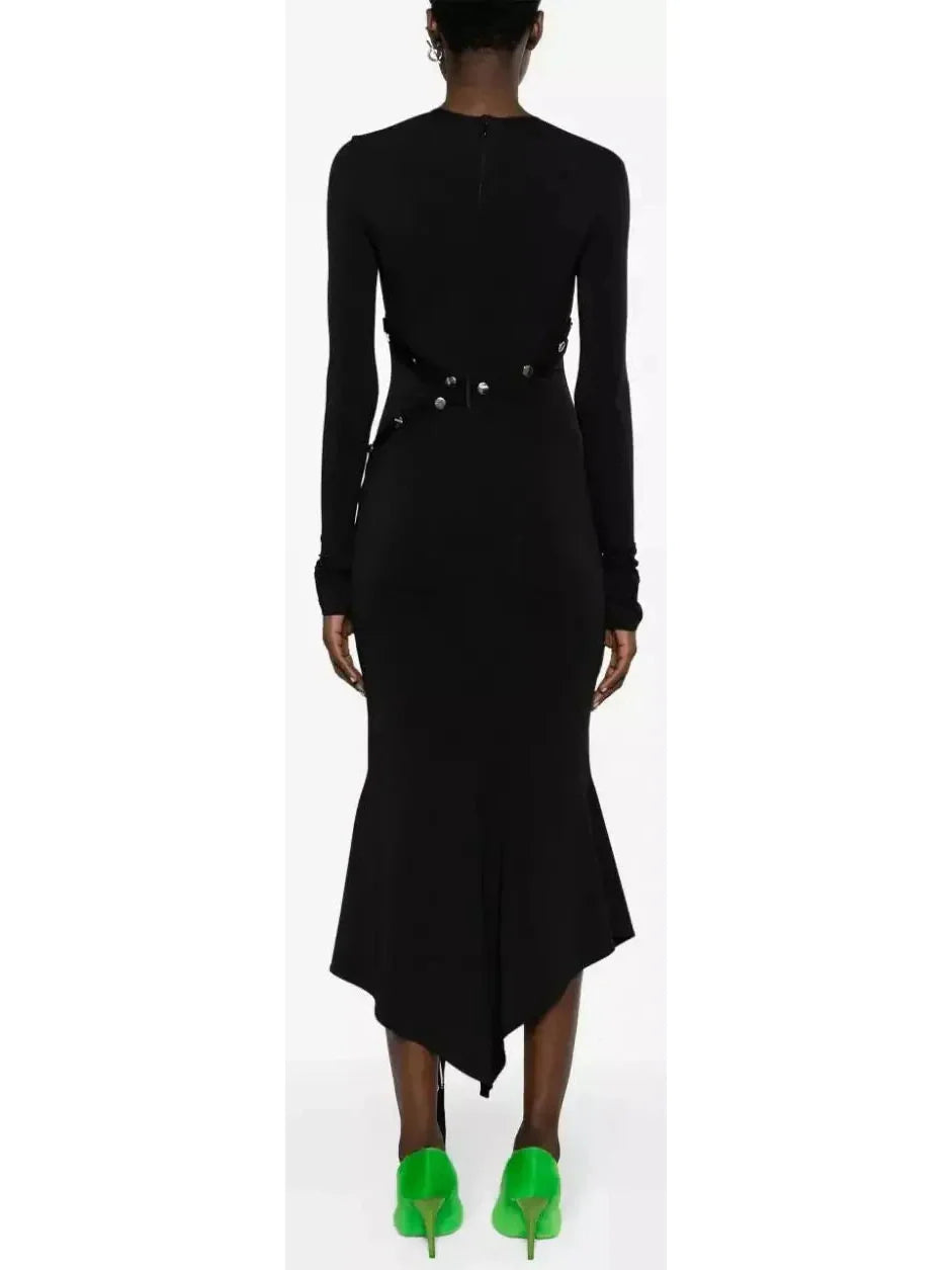 Asymmetrical Snap-Button Black Midi Dress - Dresses