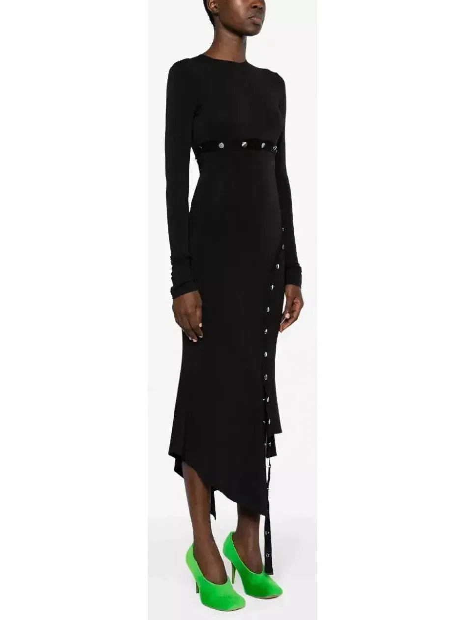 Asymmetrical Snap-Button Black Midi Dress - Dresses