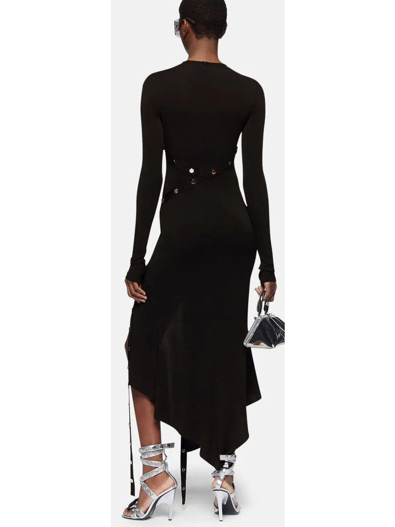 Asymmetrical Snap-Button Black Midi Dress - Dresses