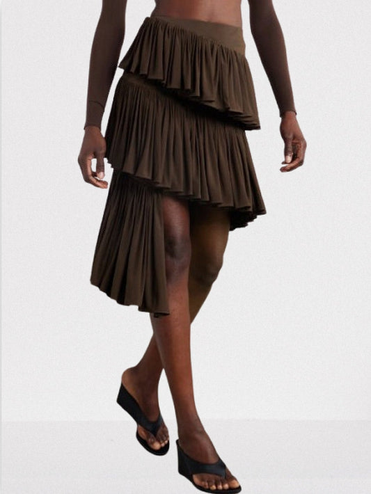 Asymmetrical Spiral Pleated Skirt in Brown - Small - Skirts