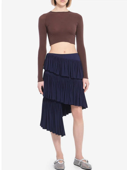 Asymmetrical Spiral Pleated Skirt in Navy - Skirts