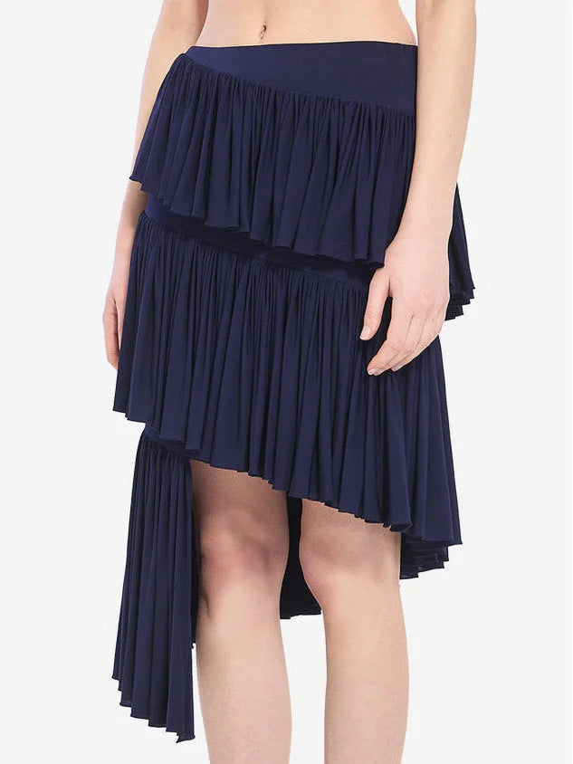 Asymmetrical Spiral Pleated Skirt in Navy - Skirts