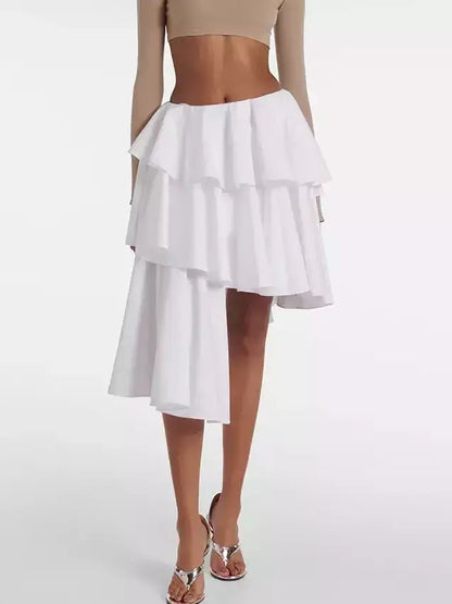 Asymmetrical Spiral Ruffle Tiered White Skirt - Skirts