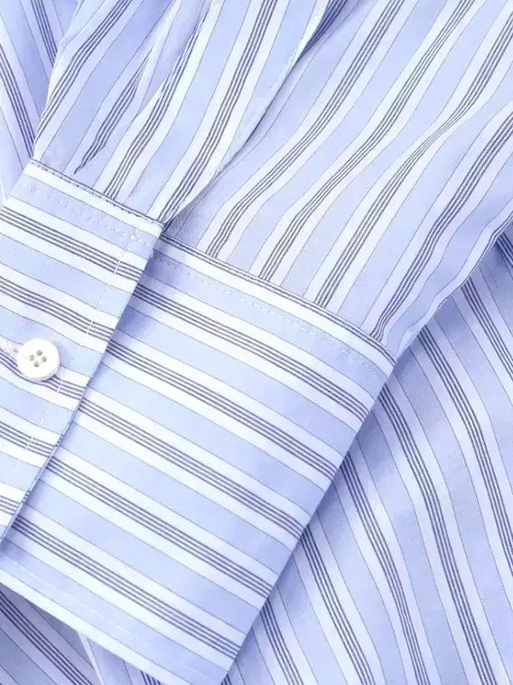 Asymmetrical Tie-Front Blue Pinstripe Shirt Dress - Dresses