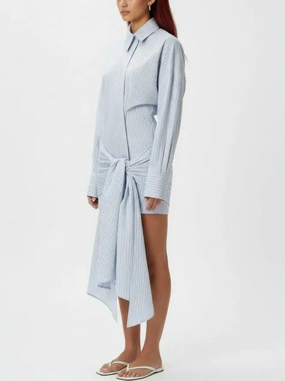 Asymmetrical Tie-Front Blue Pinstripe Shirt Dress - Dresses