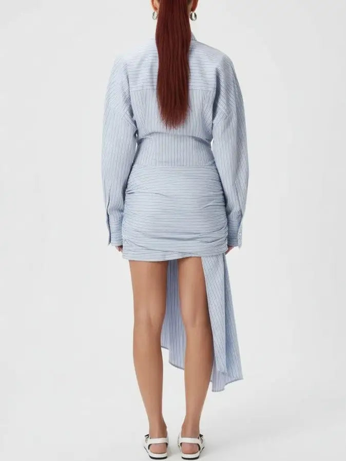 Asymmetrical Tie-Front Blue Pinstripe Shirt Dress - Dresses