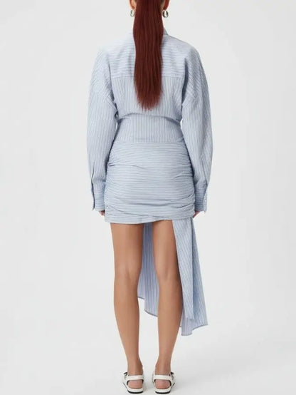 Asymmetrical Tie-Front Blue Pinstripe Shirt Dress - Dresses