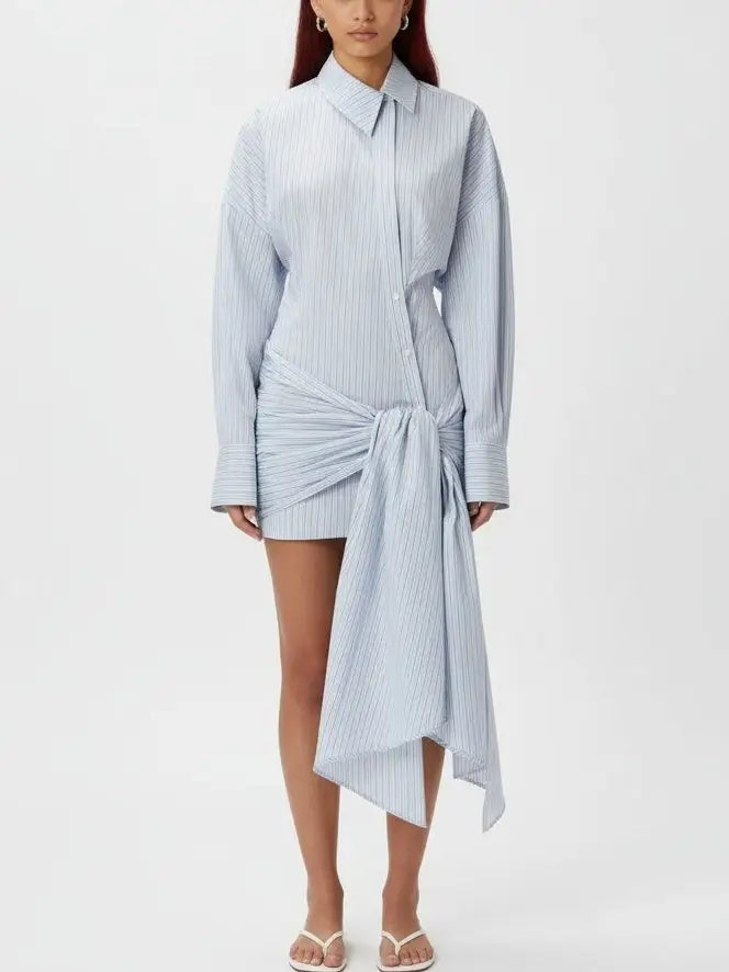 Asymmetrical Tie-Front Blue Pinstripe Shirt Dress - Small - Dresses