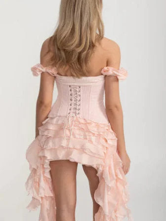 Asymmetrical Tiered Ruffled Corset Mini Dress in Soft Pink - Dresses