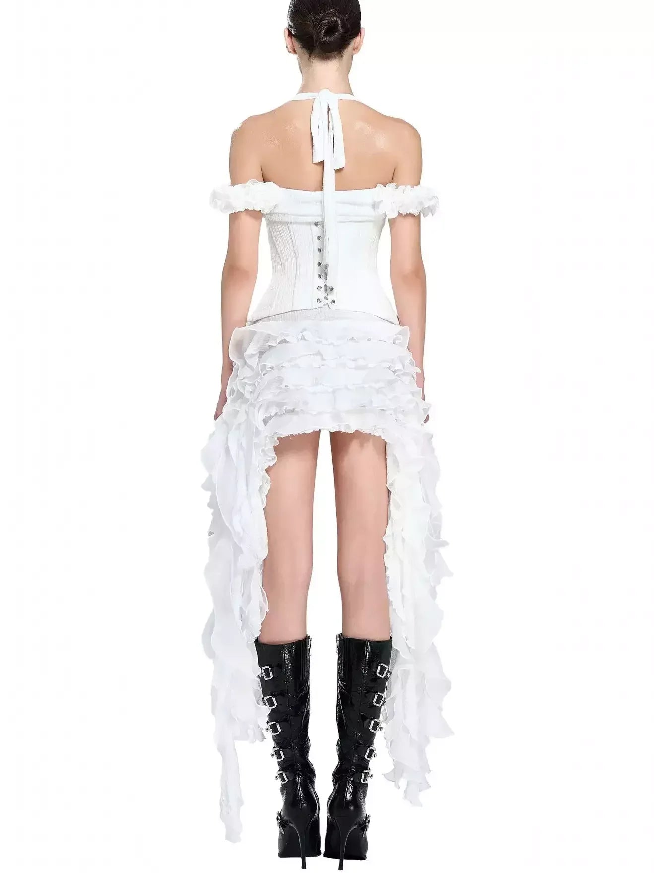 Asymmetrical Tiered Ruffled Corset Mini Dress in White - Dresses