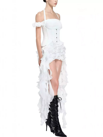 Asymmetrical Tiered Ruffled Corset Mini Dress in White - Dresses