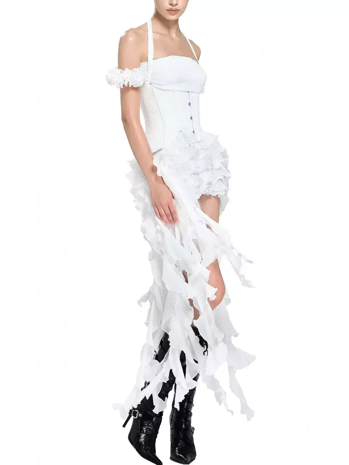 Asymmetrical Tiered Ruffled Corset Mini Dress in White - Dresses
