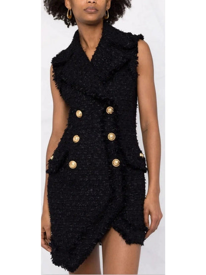 Asymmetrical Tweed Mini Dress Black - Dresses