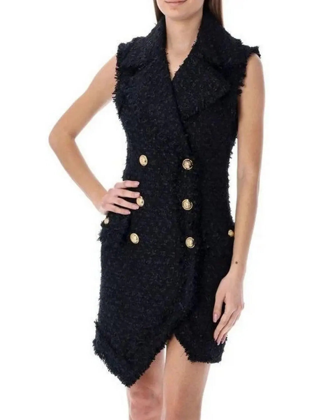 Asymmetrical Tweed Mini Dress Black - Dresses