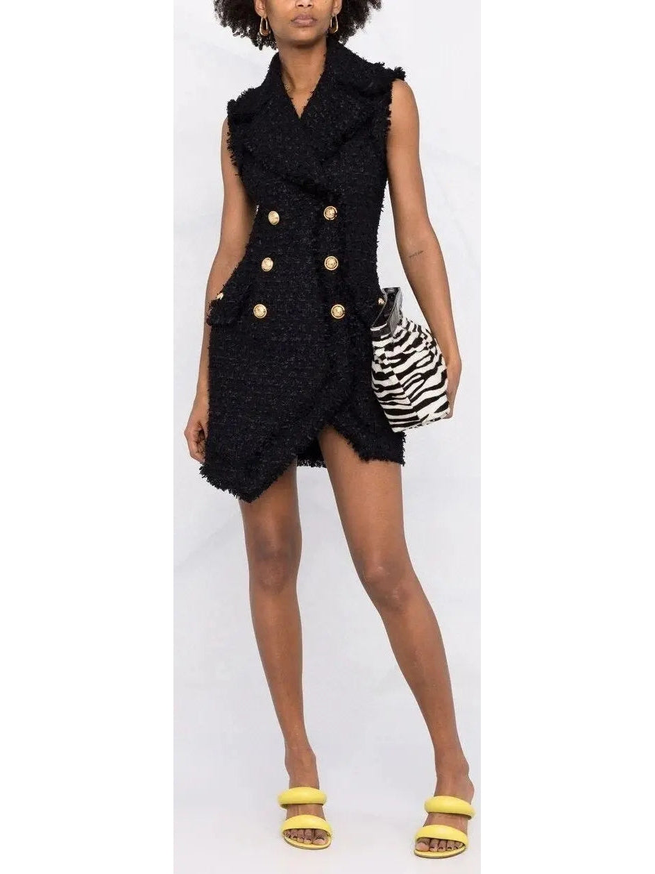 Asymmetrical Tweed Mini Dress Black - Dresses