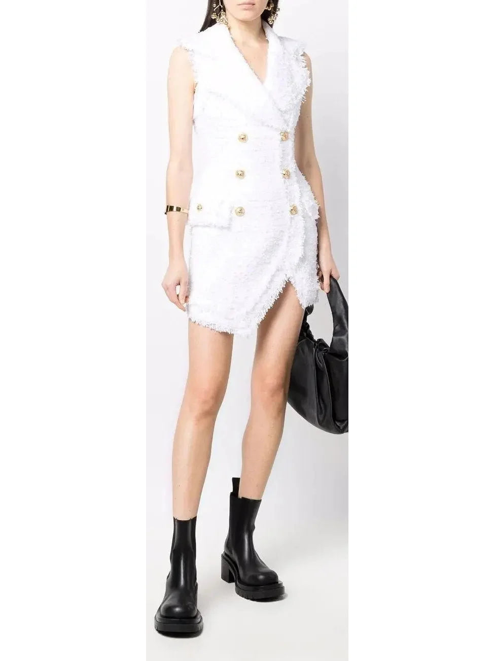 Asymmetrical Tweed Mini Dress White - Dresses