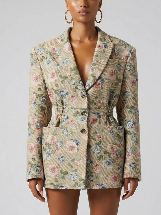 Vintage Rose Jacquard Blazer Dress with Cinched Waist - S - Jackets