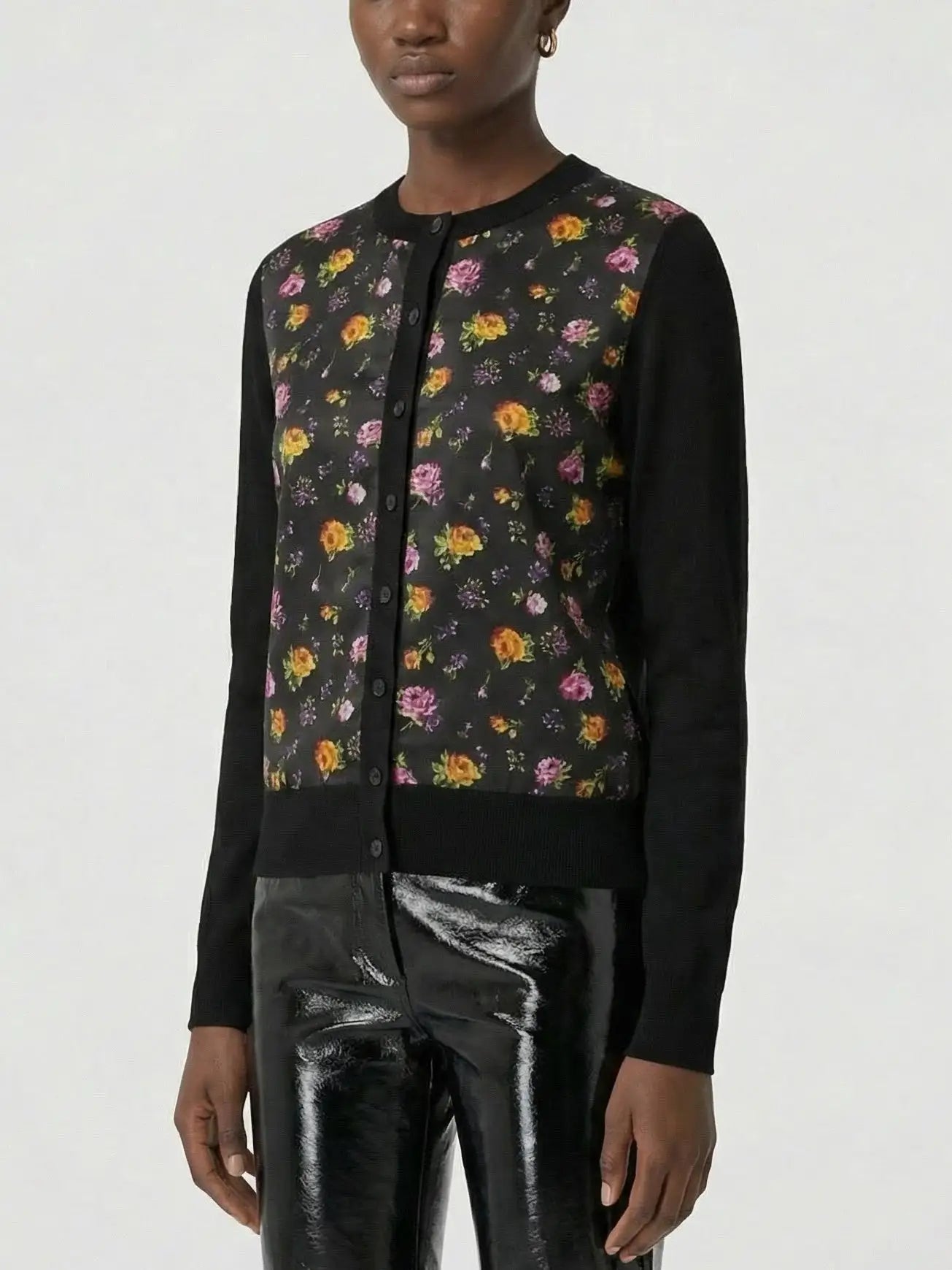 Black Silk Knit Cardigan with Multicolored Rose Print - Sweaters & Knitwear
