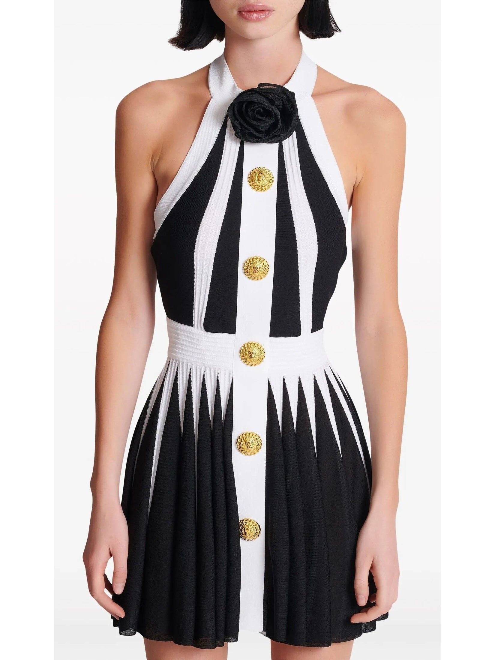 Backless Black and White Halter-Neck Knit Dress with Rose Detail - Dresses