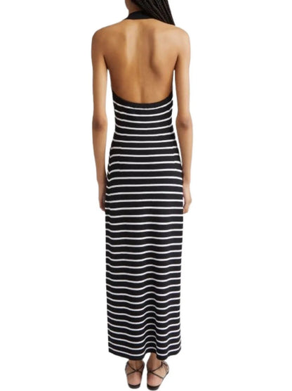 Backless Black and White Striped Knit Maxi Dress - Dresses